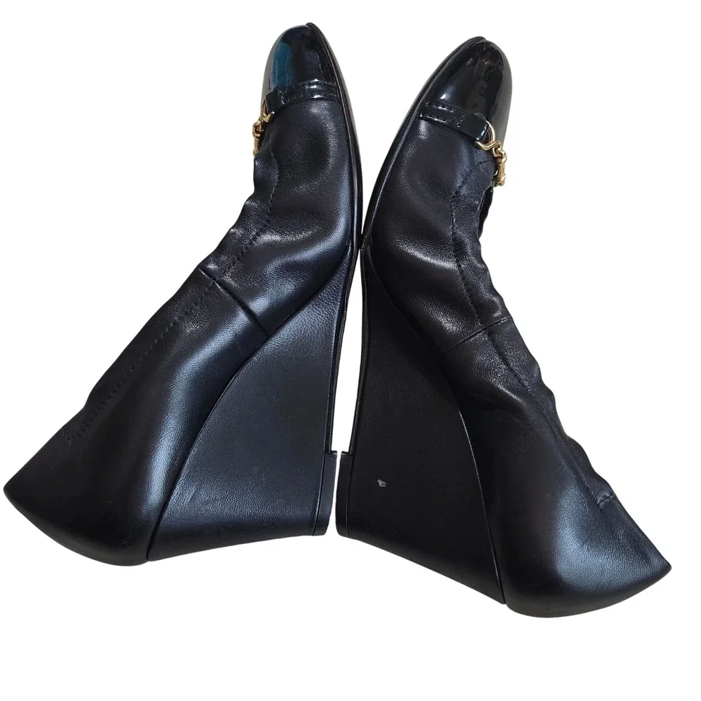AGL Attilio Giusti Leombruni Wedge Pumps Women 36.5 Black Leather Patent Cap Toe